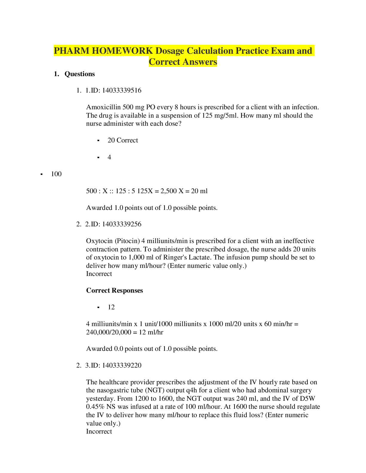 Preview of PHARM HOMEWORK Dosage Calculation Practice Exam and Correct Answers